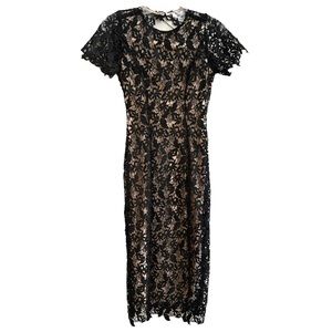 NEW NWT NSR Mia Black Crochet Lace Open Back Short Sleeve Stretch Midi Dress XS